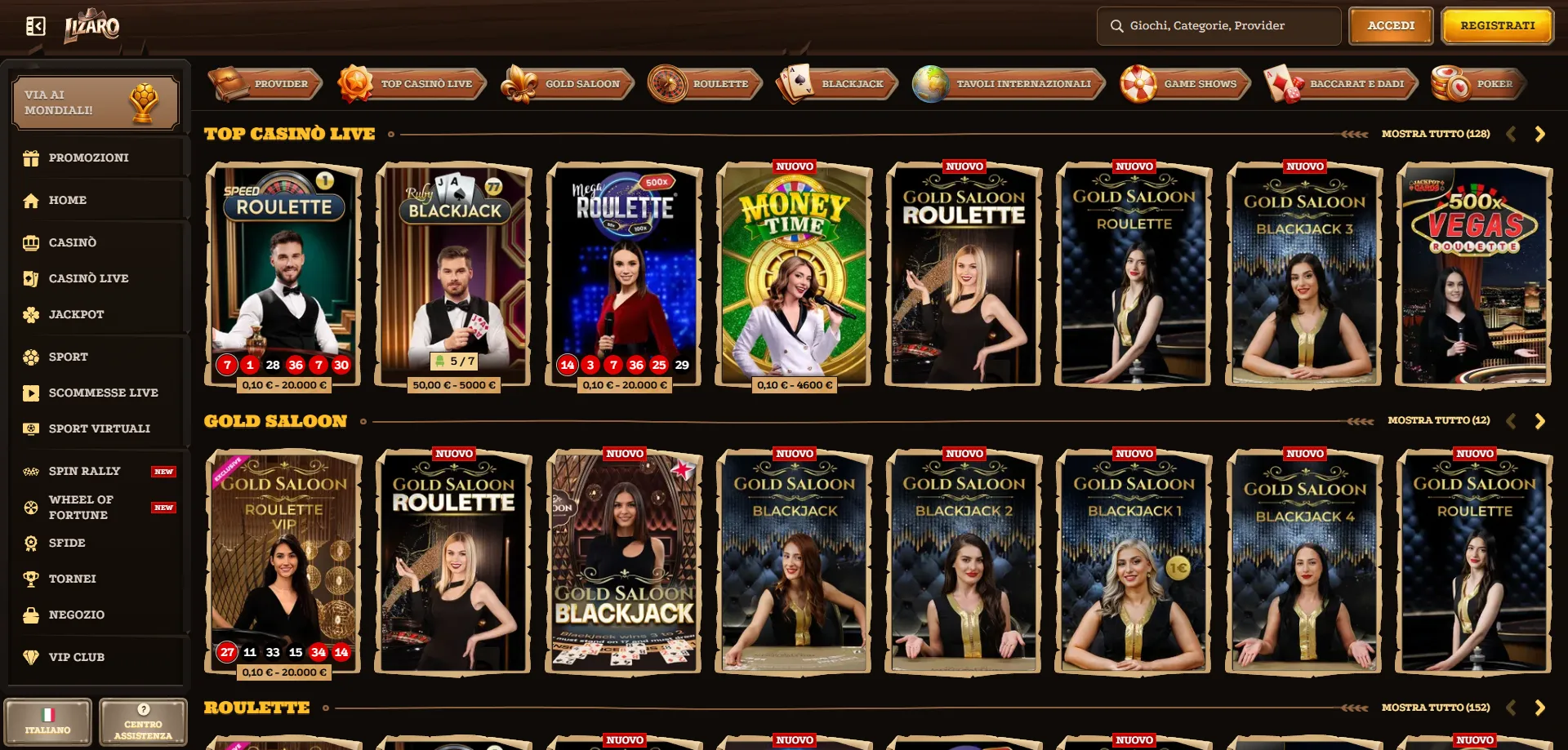 Giochi da casinò live su Lizaro con croupier dal vivo